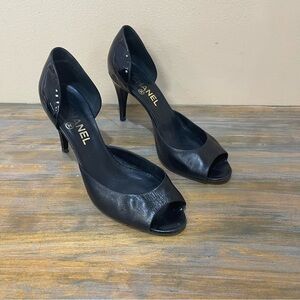 Chanel Authentic Peep Toe Stiletto Heels Leather Black D’Orsay Women 38.5/7.5-8
